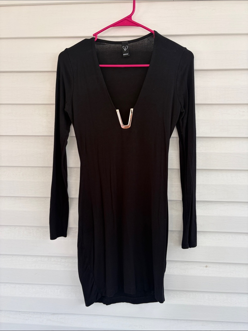 Windsor Black Bodycon Mini Dress | Long Sleeve | Plunge Neck | Gold Hardware
